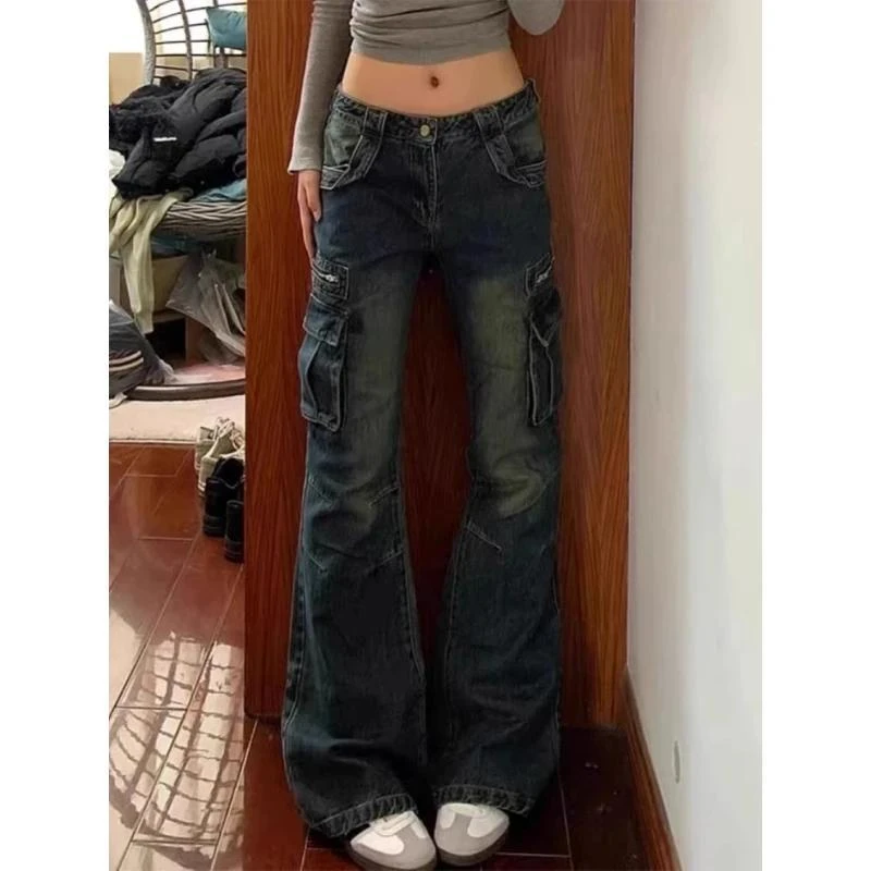 大码美式复古工装刀割设计感微喇牛仔裤女秋季新款显瘦垂感拖地裤