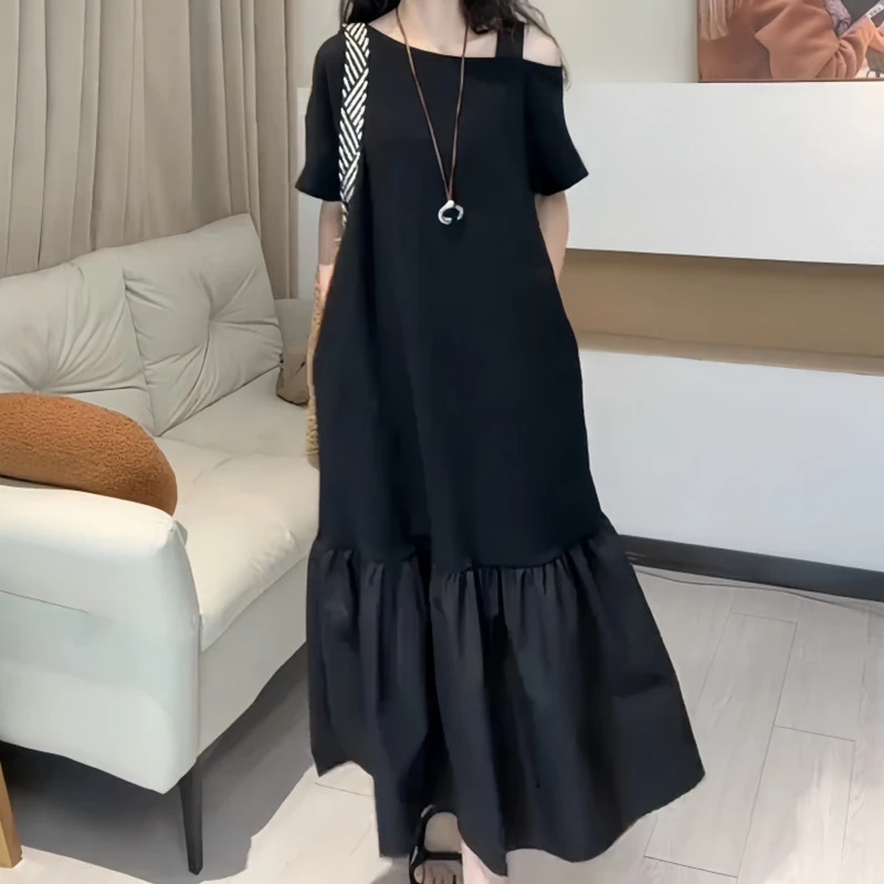 韩系简约高级休闲黑色连衣裙夏季设计宽松气质显瘦百搭短裙