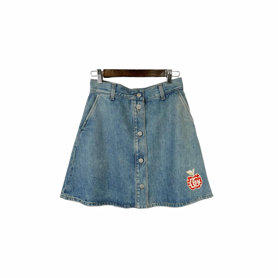 99新 GUCCI/古驰 012731 双G苹果印花贴饰牛仔短裙 42码