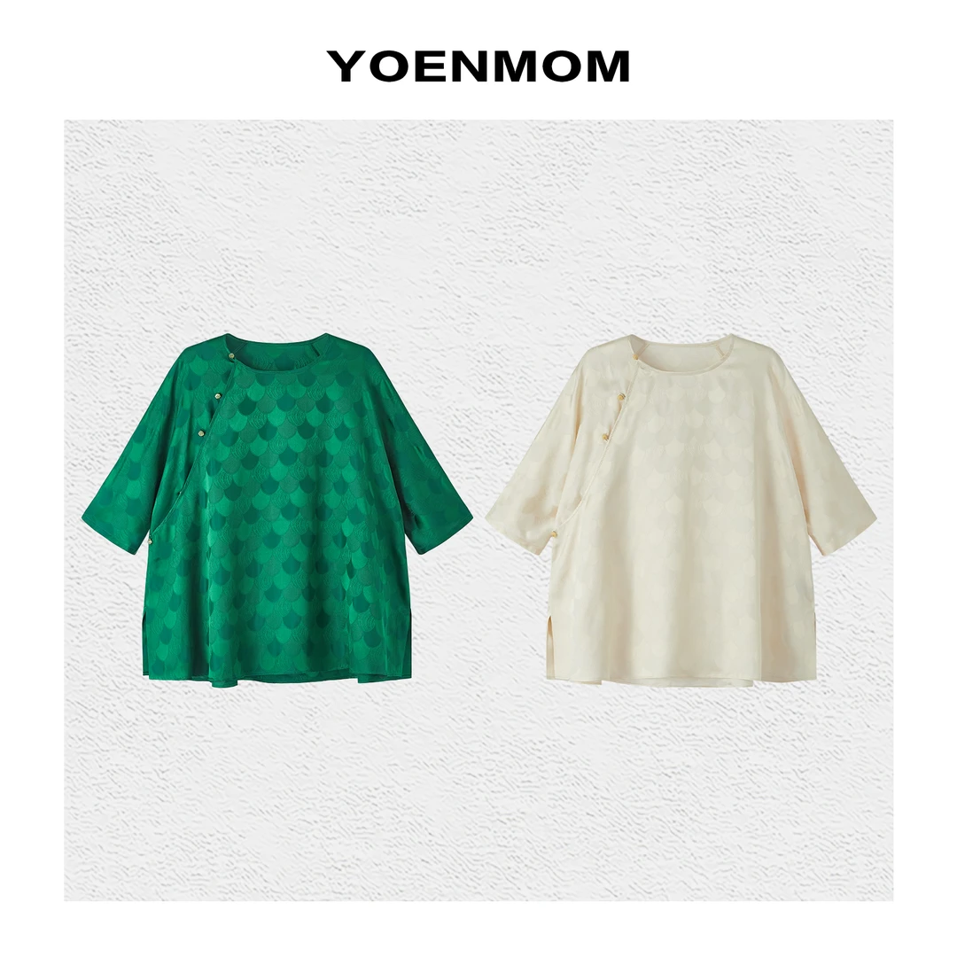 YOENMOM·盼春归·夏季新品 桑蚕丝人丝扇形花凉爽透气斜襟扣上衣