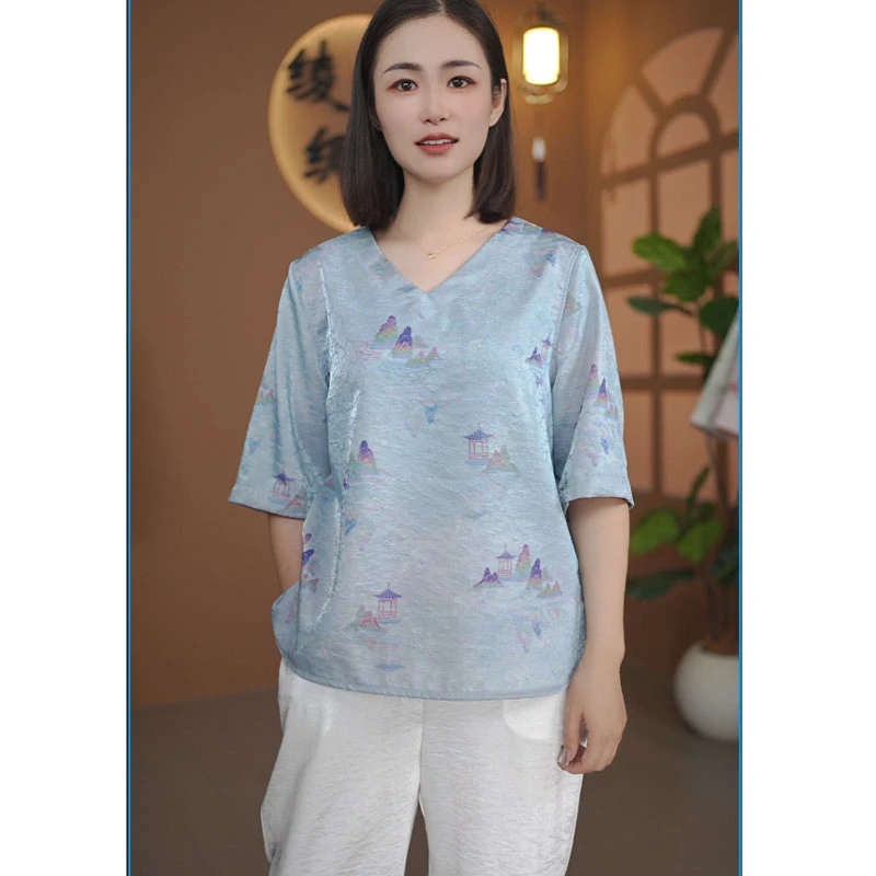 【亭台楼阁】早秋薄款V领中袖复古印花气质女士上衣-2569时尚衬衫