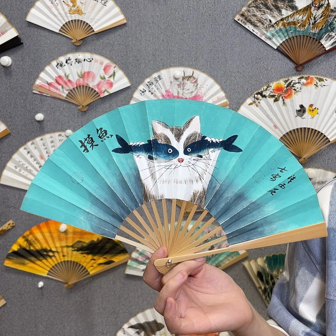 国画6寸玉竹-纯手绘-文玩扇骨（默认粘好）