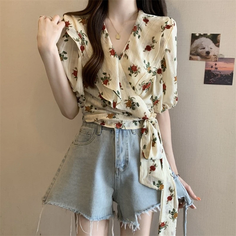 【时岛】法式复古荷叶边领碎花雪纺短袖衬衫女夏大码胖不规则收腰