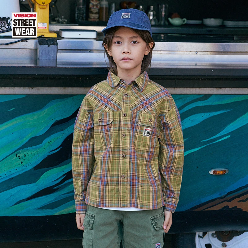 VISION童装  美式复古宽松色织格格纹长袖衬衫儿童男女同款