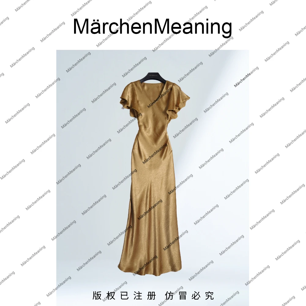 高级定制金色V字领荷叶边袖子百搭气质连衣裙wy