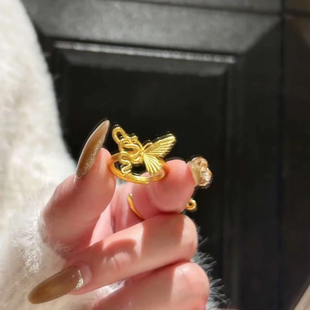 铜合金戒指 轻奢超仙设计感新中式灵蛇缠绕蝴蝶可调节指环