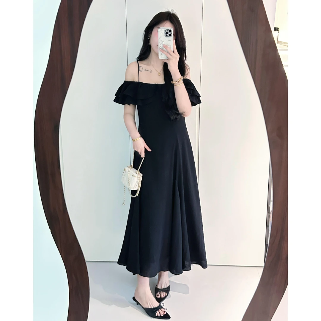 李潇洒 微胖大码夏季赫本风吊带裙复古一字荷叶领设计感气质长裙