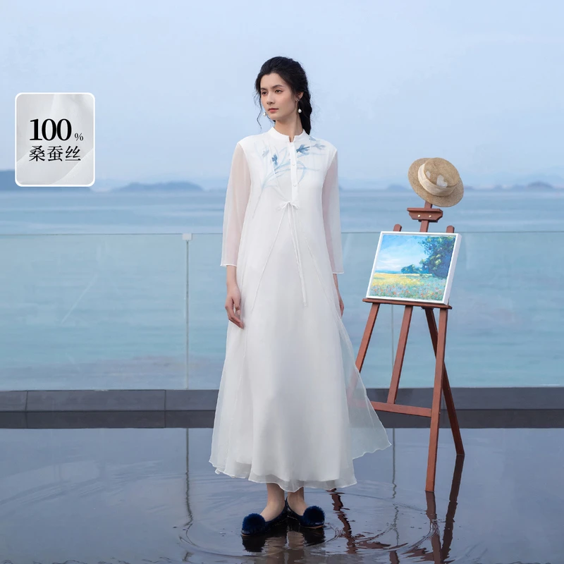 生活在左100%桑蚕丝连衣裙清雅绣花拼真丝飞片春新长裙1952264