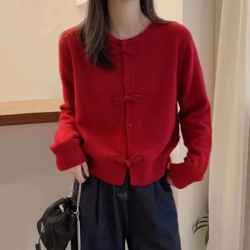 秋冬季新中式宽松圆领拼接蝴蝶结国风针织衫洋气显瘦短款保暖毛衣