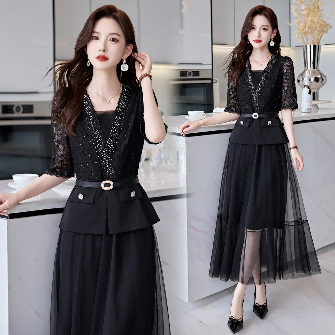 正式场合夏季新款网纱连衣裙五分袖修身显瘦气质长裙收腰裙子2552