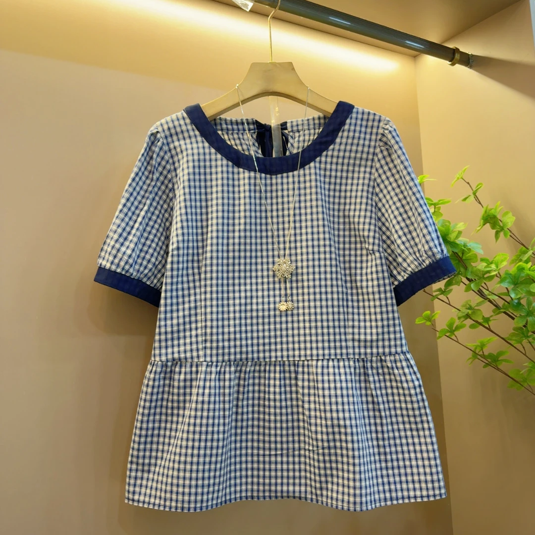 2025年夏季新款时尚百搭拼接休闲设计款格子上衣（衣长62左右）