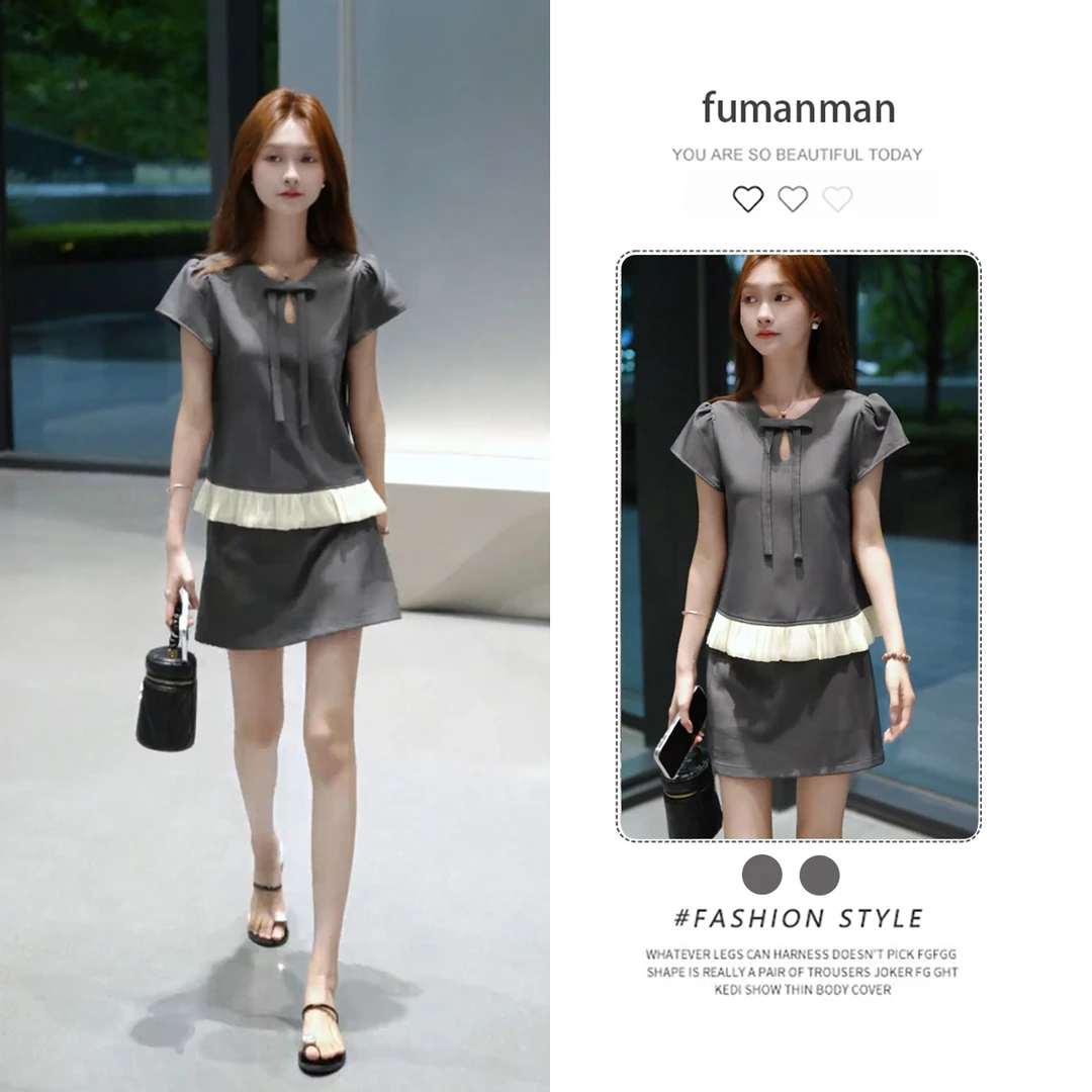 小香风时尚套装女夏季2025新款甜美蝴蝶结V领上衣高腰短裙两件套