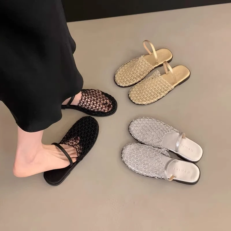 法式渔网包头半拖鞋女夏季外穿2025新款网纱镂空编织罗马鞋凉拖鞋