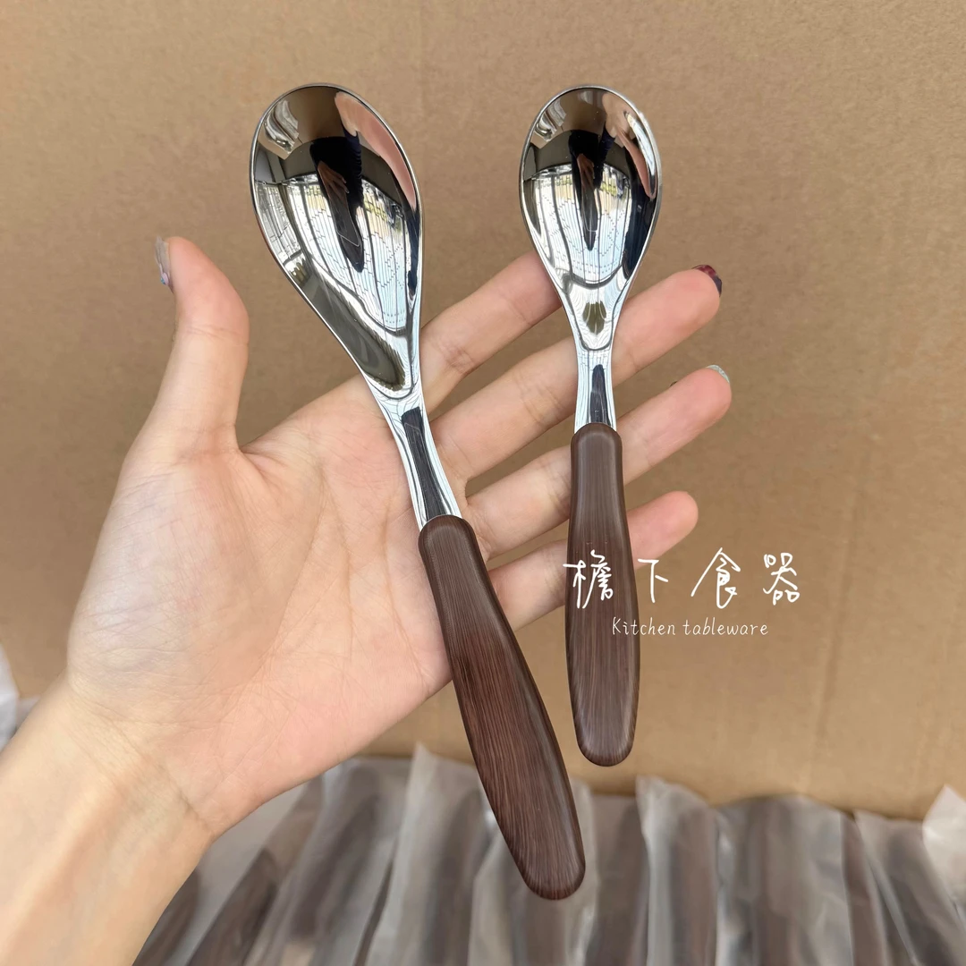 18-10不锈钢仿木纹勺子家用儿童辅食吃饭勺高颜值汤匙甜品蛋糕勺