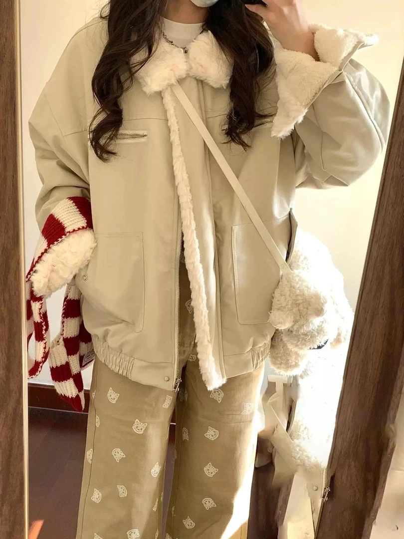 美式翻领羊羔毛棉服女冬季2025新款设计感男女款加绒加厚夹克棉衣