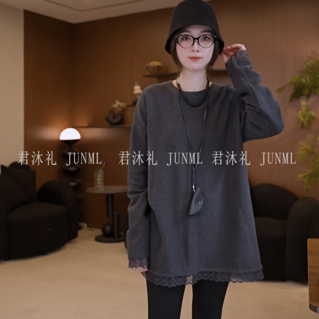 君沐礼《澳绒大版T》简约百搭拉绒蕾丝花边德绒大版T恤打底 8338