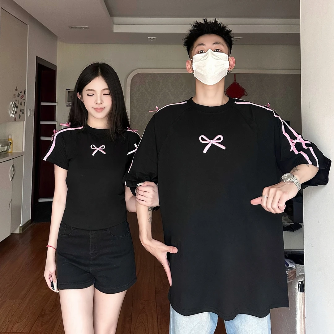 国潮牌情侣美式凉感蝴蝶结织带短袖情侣款条纹T恤男女一大一小T恤