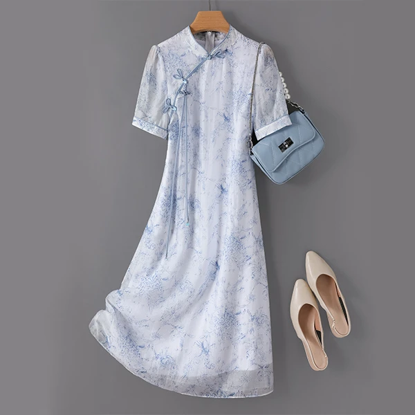 IHIMI/海谧2025夏季新款女装印花中国风淡雅中长款a字版连衣裙女