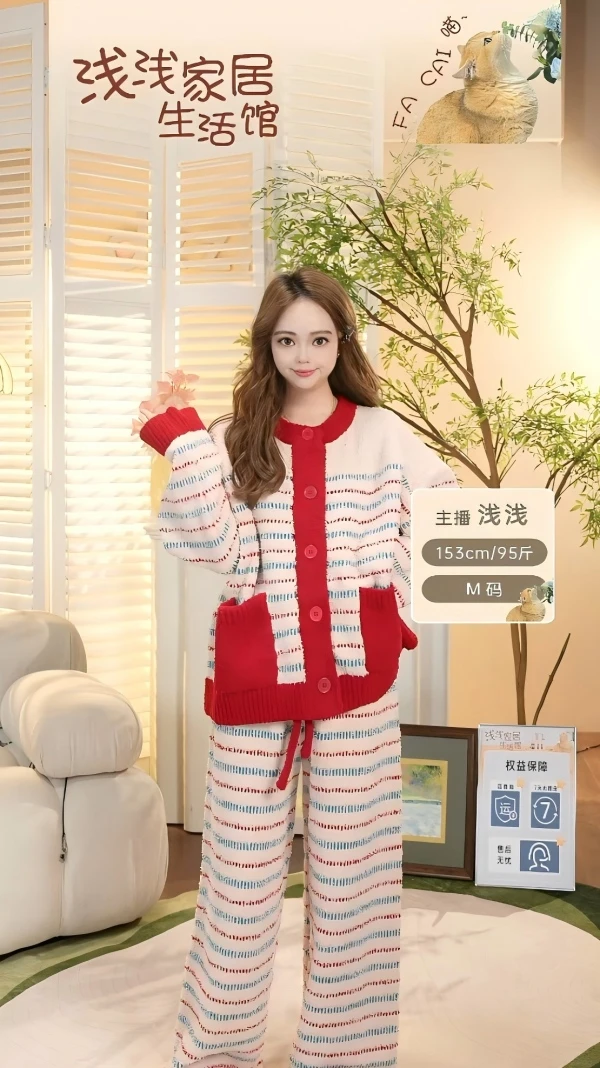 2025半边红色雪绒小鹿保暖睡衣家居服睡衣套装情侣格子裤款