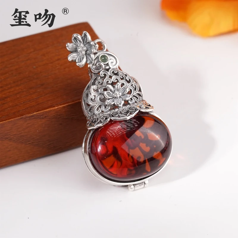 【玺吻】s925银 天然血珀镶嵌 纯手工镂空血珀葫芦吊坠（可打开）