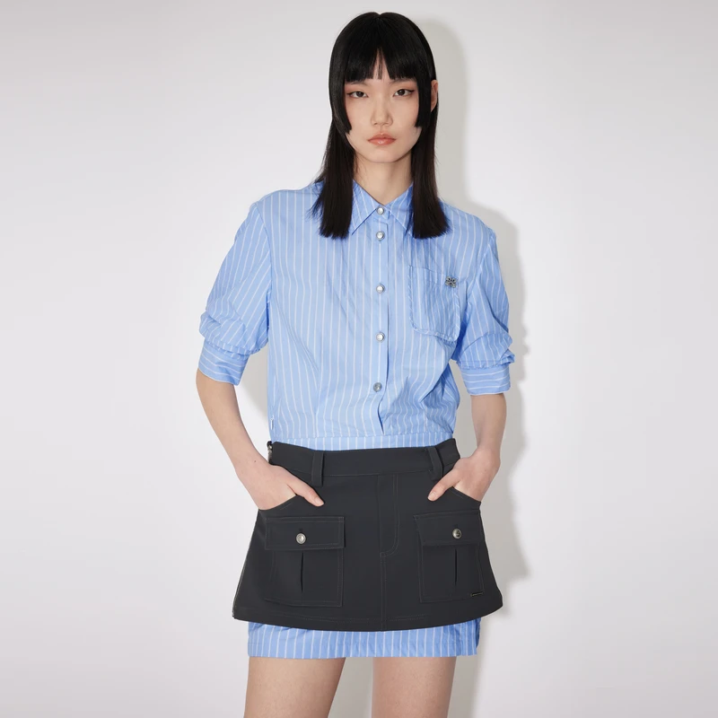 REVAN芮范设计师款气质蓝条纹腰封连衣裙RM31101021