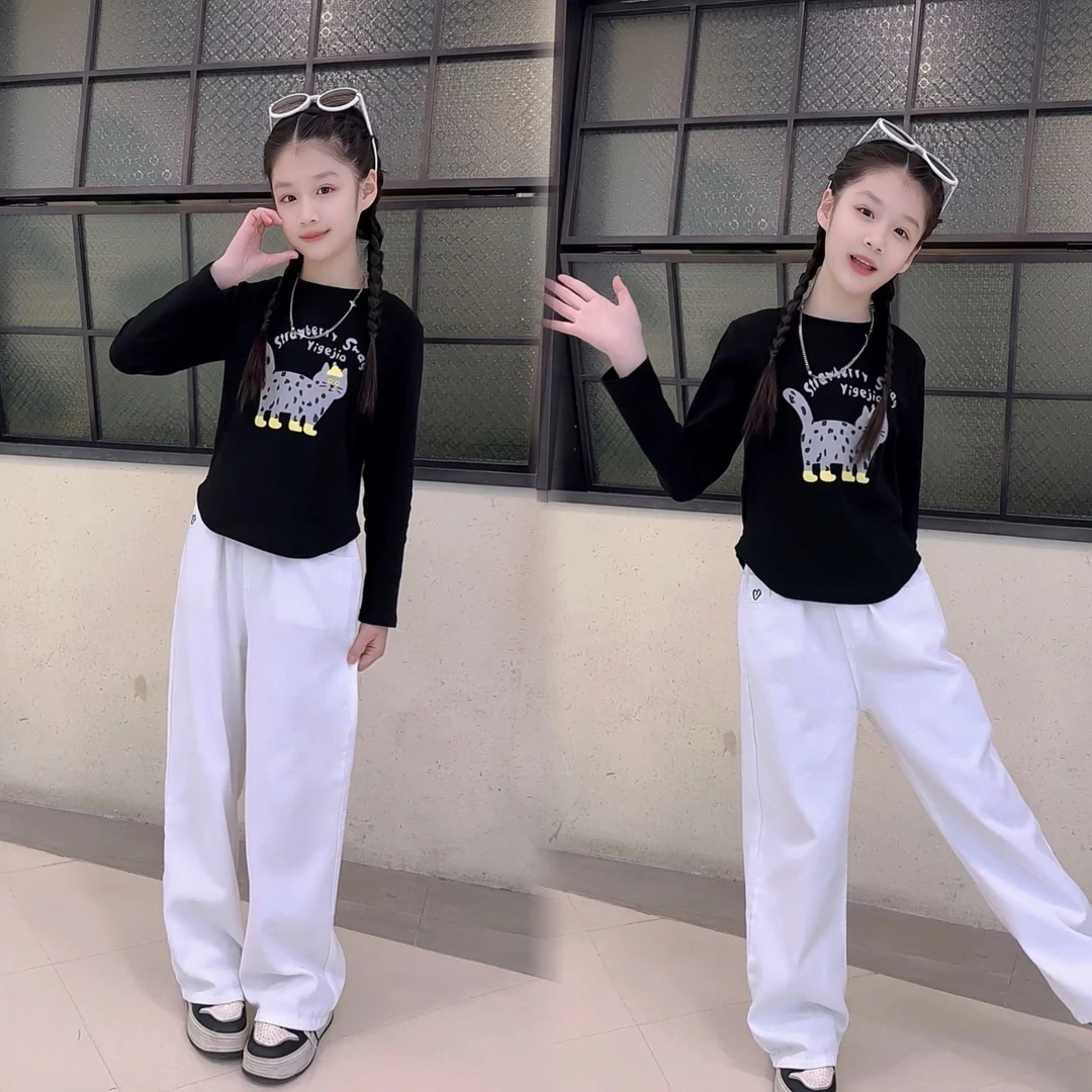 女童春款白色牛仔裤+套头卫衣两件套中大童休闲百搭上衣时尚套装9