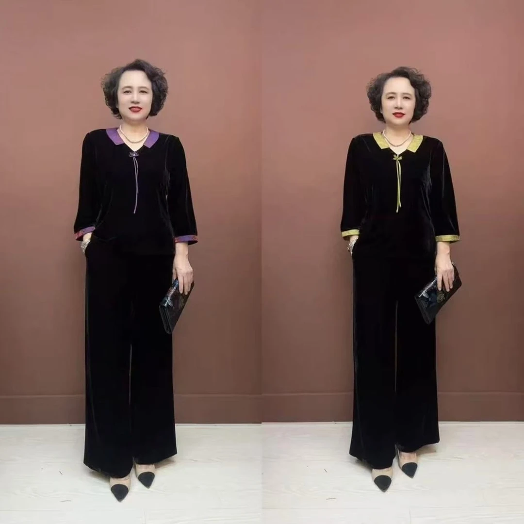 6006新款秋季新中式显瘦气质金丝绒套装中老年女装大码两件套