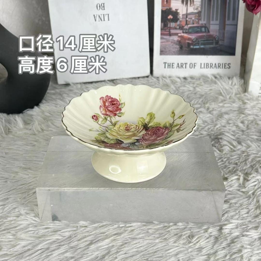（沐梓）陶瓷欧式象牙黄描金老镇玫瑰6英寸高脚果篮A