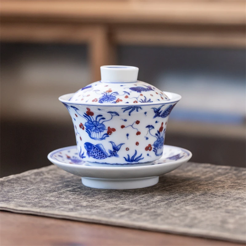 青花盖碗茶杯茶碗大号茶具泡茶碗青花釉里红功夫三才碗单个敬茶杯