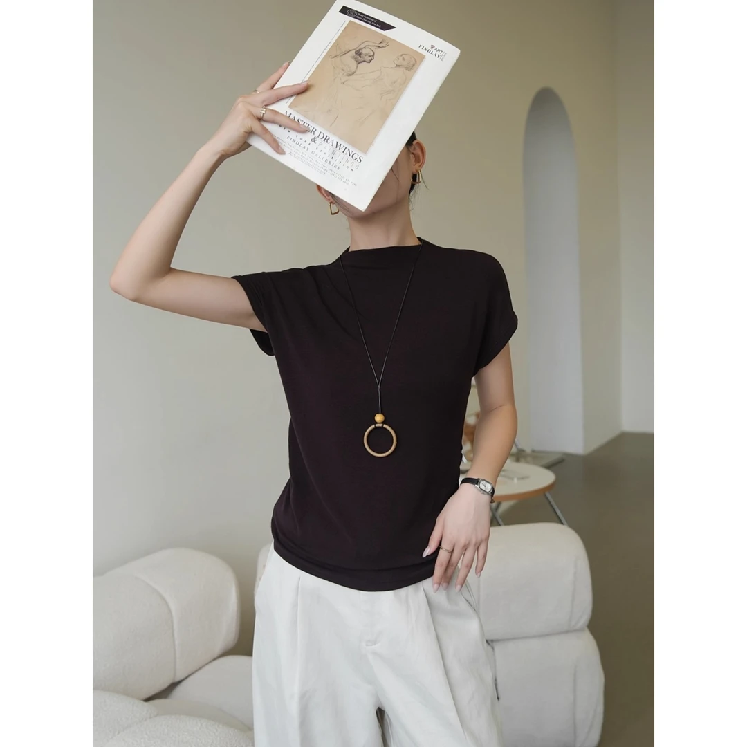 半高领打底衫女2025新款早秋短袖t恤内搭外穿镂空修身上衣高级感