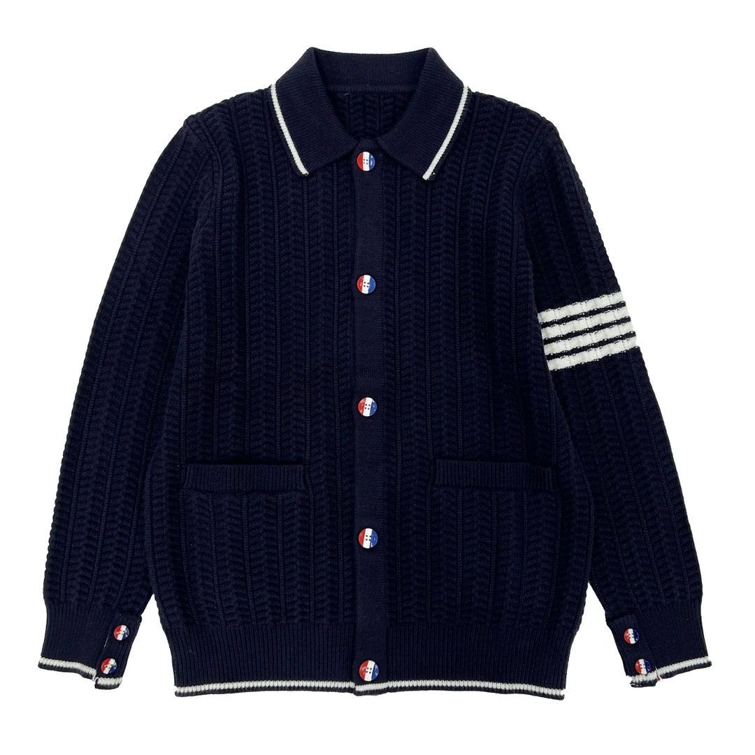 2025早秋新款经典四杠提花针织翻领上衣毛衣百搭休闲羊毛衫-5902