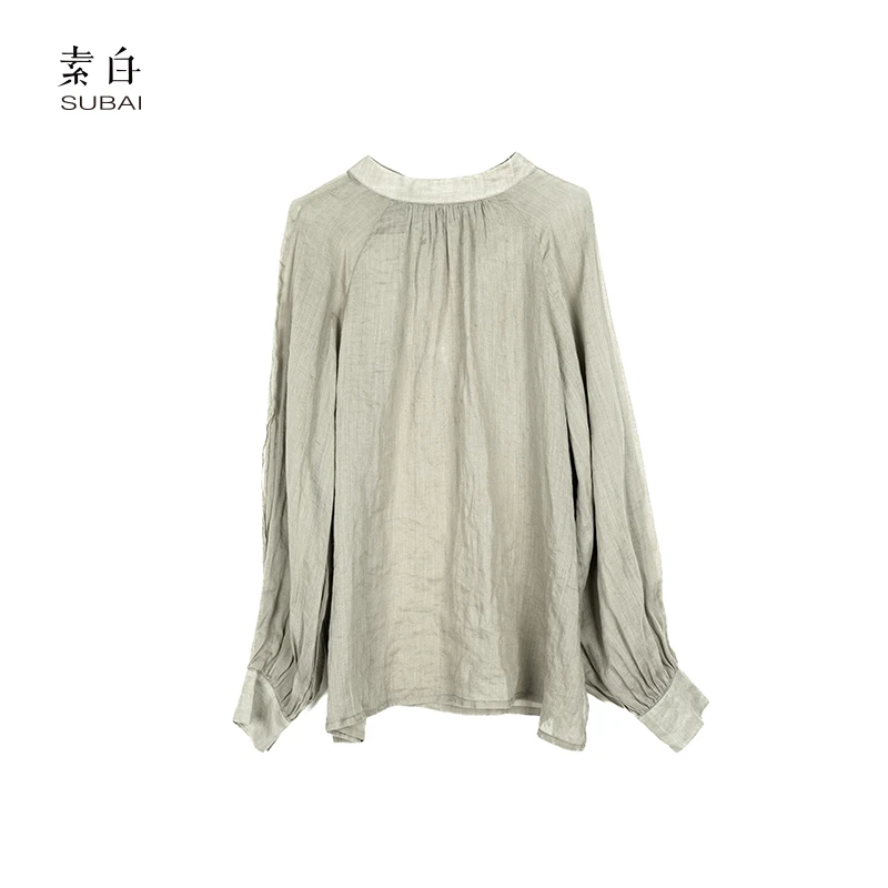 素白【浅浅】苎麻立领套头长袖衬衫SB2411CP00734