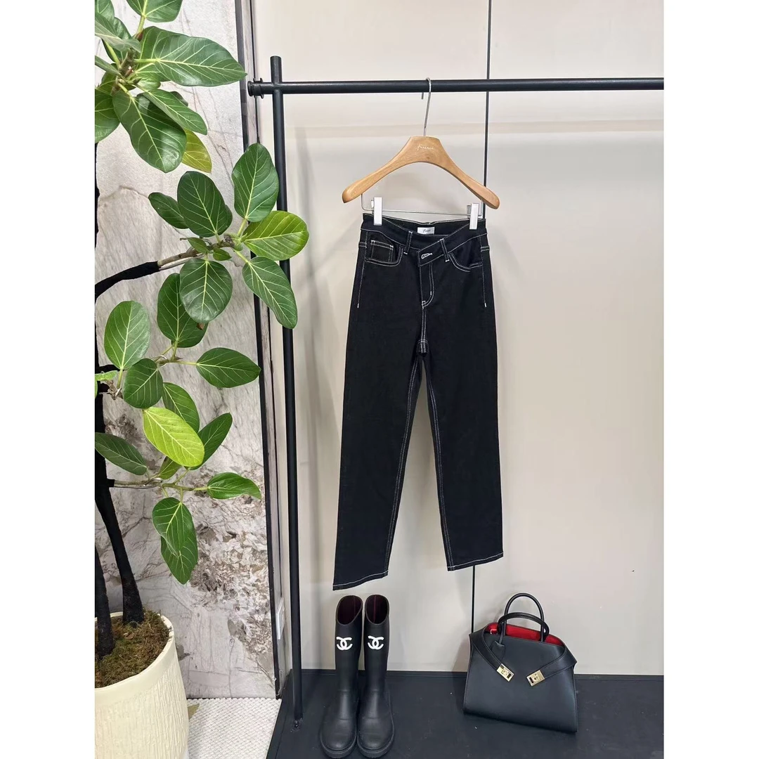 四面弹斜腰牛仔裤春秋显瘦