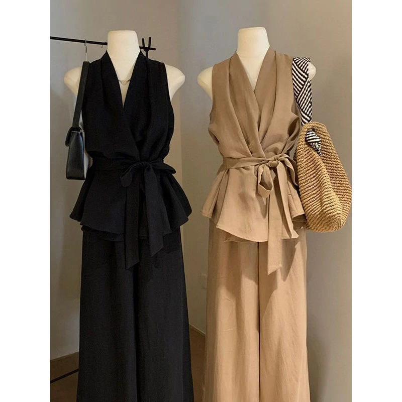 法式不规则V领交叉挂脖吊带背心+阔腿长裤女2025年夏季新款套装潮