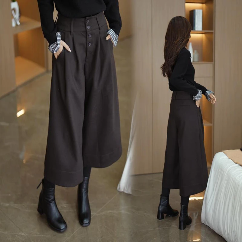 秋冬季绵羊毛可机洗毛呢阔腿裤女2025新款八分靴裤百搭抗起球裤子