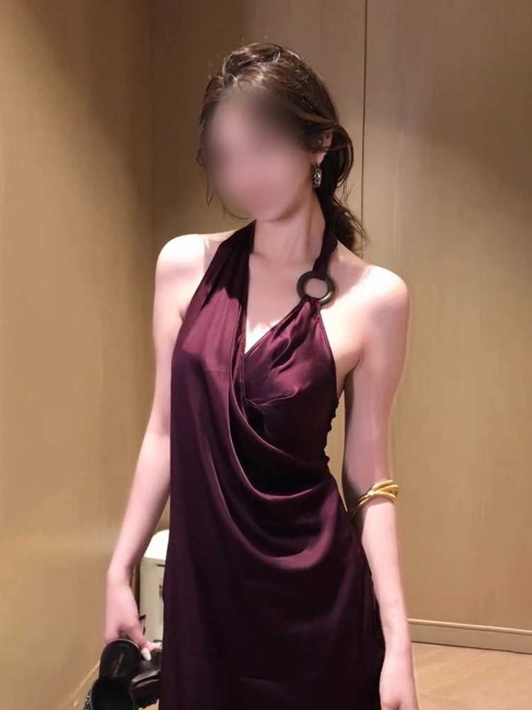 Y10747法式轻熟高级感缎面挂脖连衣裙女夏辣妹气质露背显瘦紫色裙