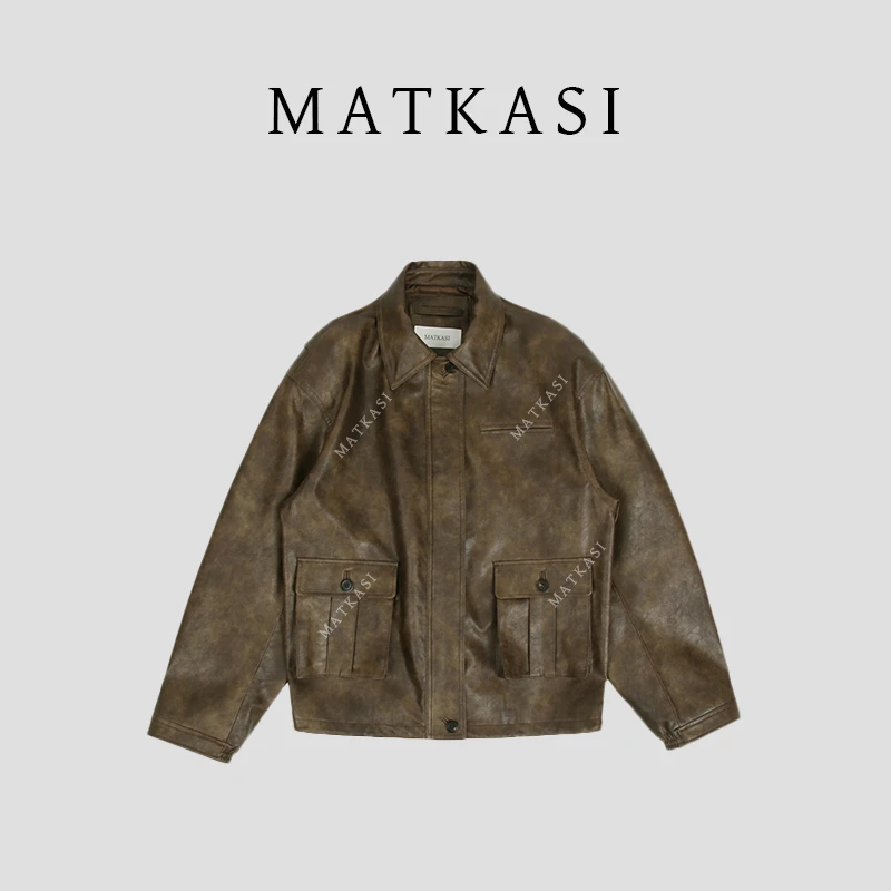 MATKASI 时尚设计师小众休闲百搭复古翻领立体口袋机车皮衣外套