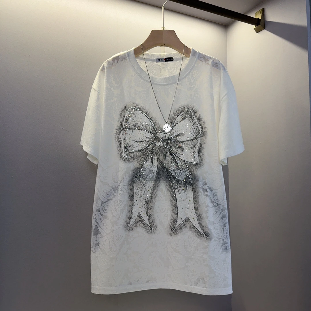 烫钻短袖圆领春季钻饰蝴蝶结T恤重工夏装气质t恤春夏绣花印花