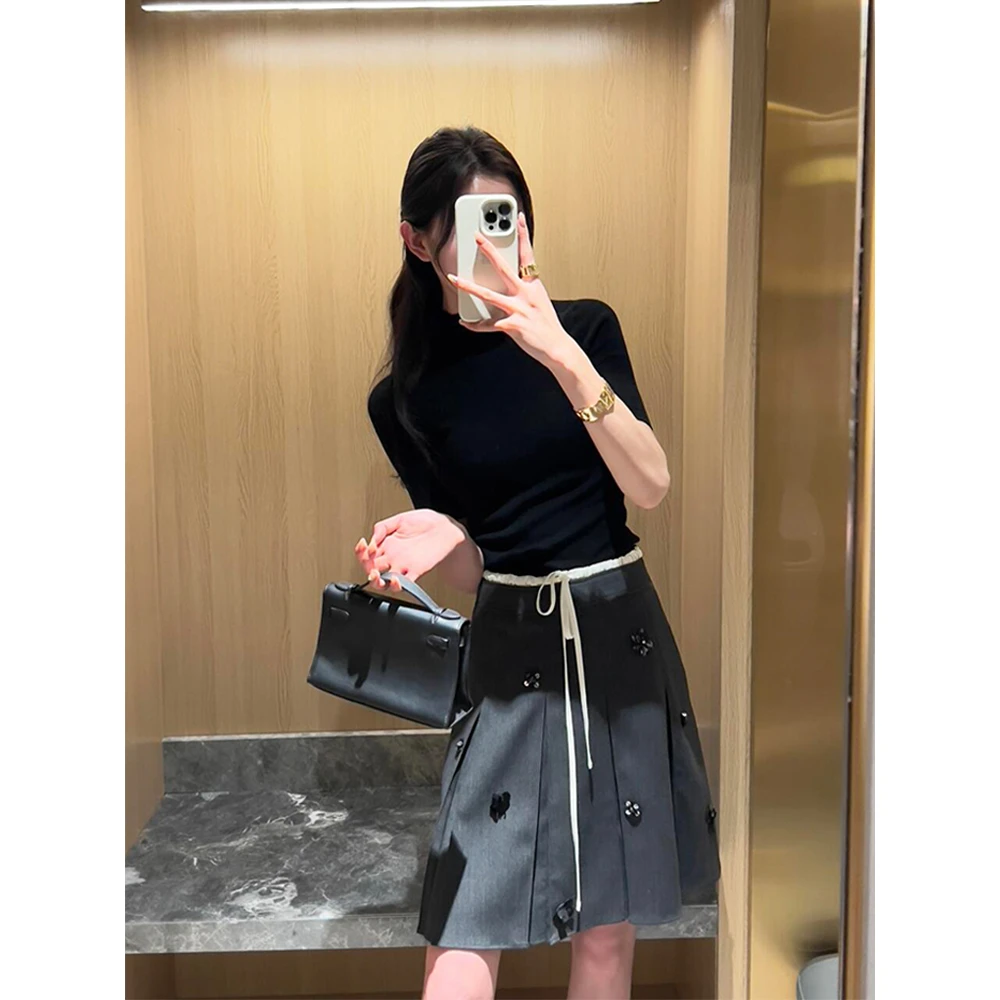 韩版黑色显瘦气质半高领五分袖针织打底衫女修身内搭半袖正肩T恤