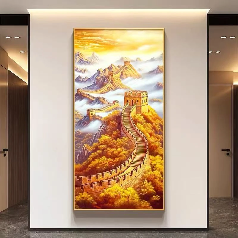 大气新中式万里长城金色玄关画办公室走廊过道靠山壁画