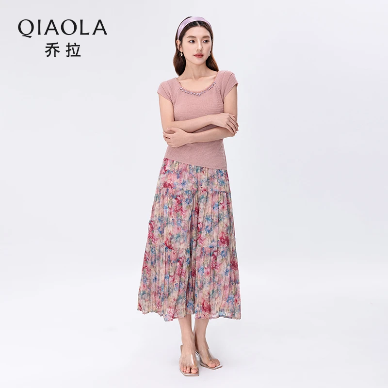 QIAOLA/乔拉【桃绘梦境】夏粉色毛织上衣梭织印花半裙时尚套装