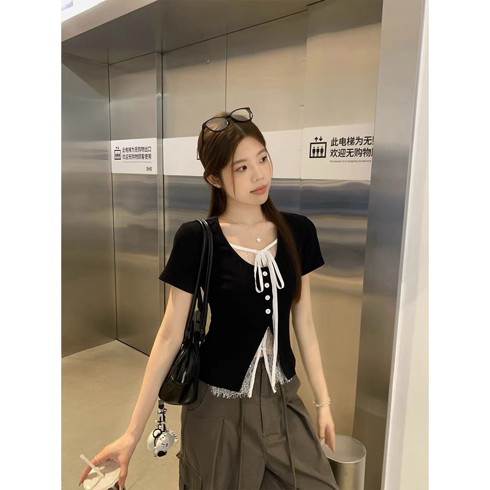 【小巧定制】XQ2565夏季新款显瘦假两件蕾丝上衣