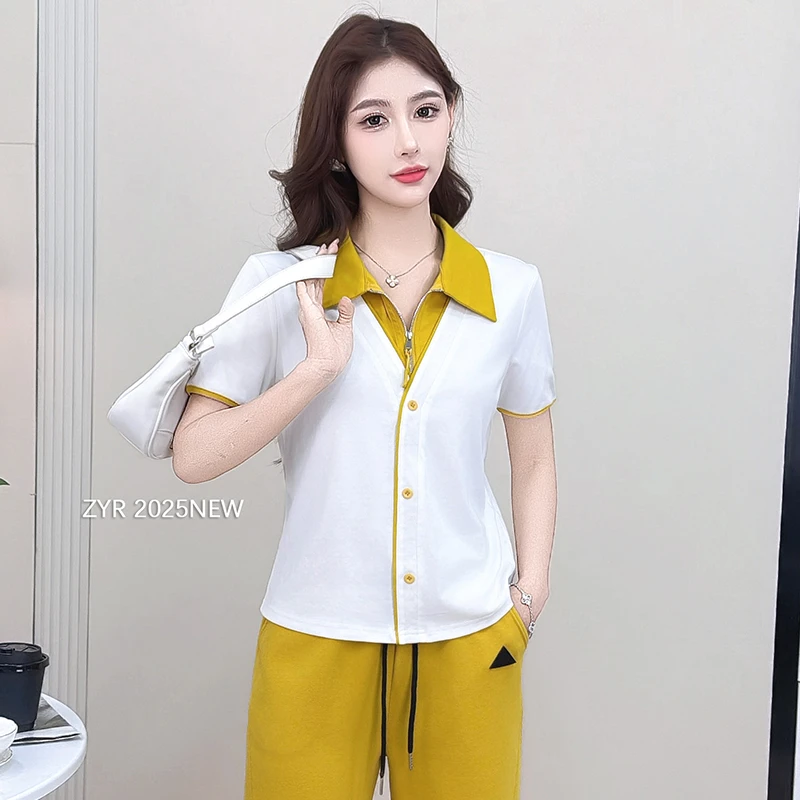 时尚假两件翻领套头短袖T恤2025年女夏季新款正肩小个子修身上衣