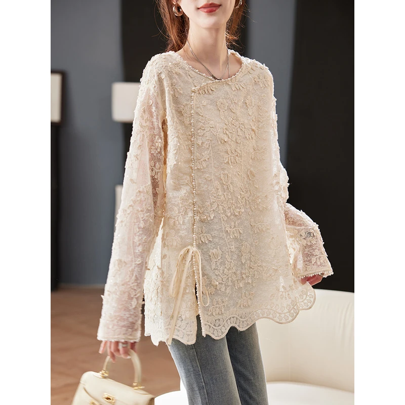 9722钉珠拼接刺绣雪纺衫女2025春秋洋气宽松休闲时尚百搭亮片衬衣