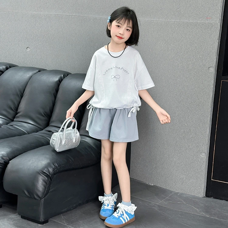 女童夏季套装2025新款儿童洋气刺绣花边短袖T恤大童女孩纯棉短裤