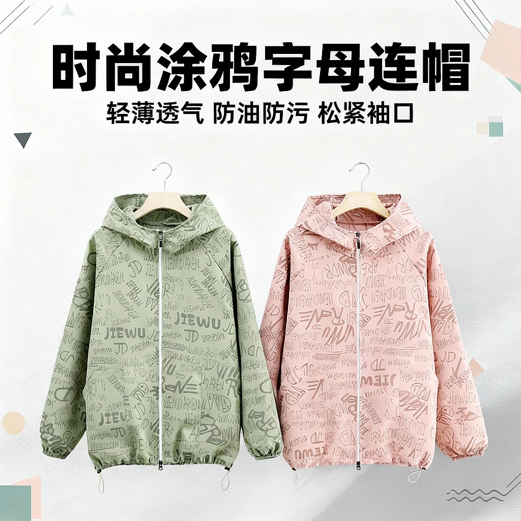 防污透气正穿罩衣时尚涂鸦字母做家务工作服薄款短款带帽春秋款