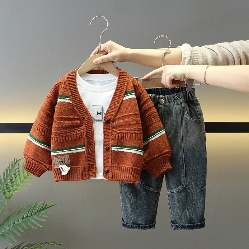 男童套装毛衣外套春秋季2025年款衣服儿童服装宝宝开衫三件套潮酷