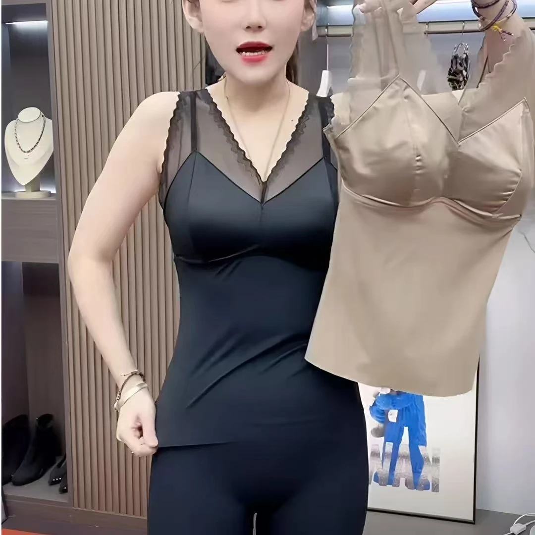 夏季背心内衣背心文胸一体内搭V领吊带乳胶杯蕾丝美背女B2背心