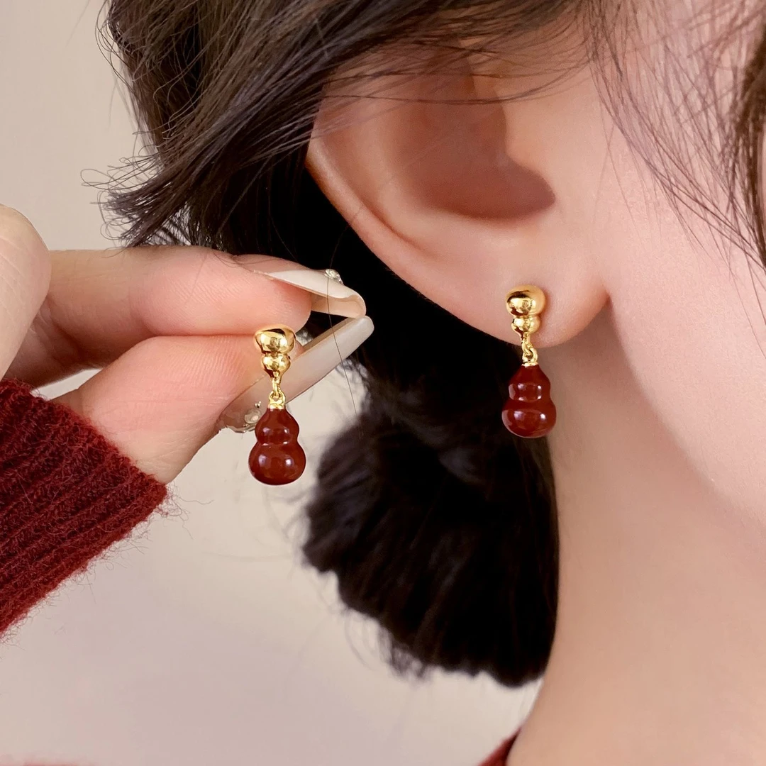 合金耳饰 复古流苏红色福禄葫芦耳钉女秋冬新年耳饰精致