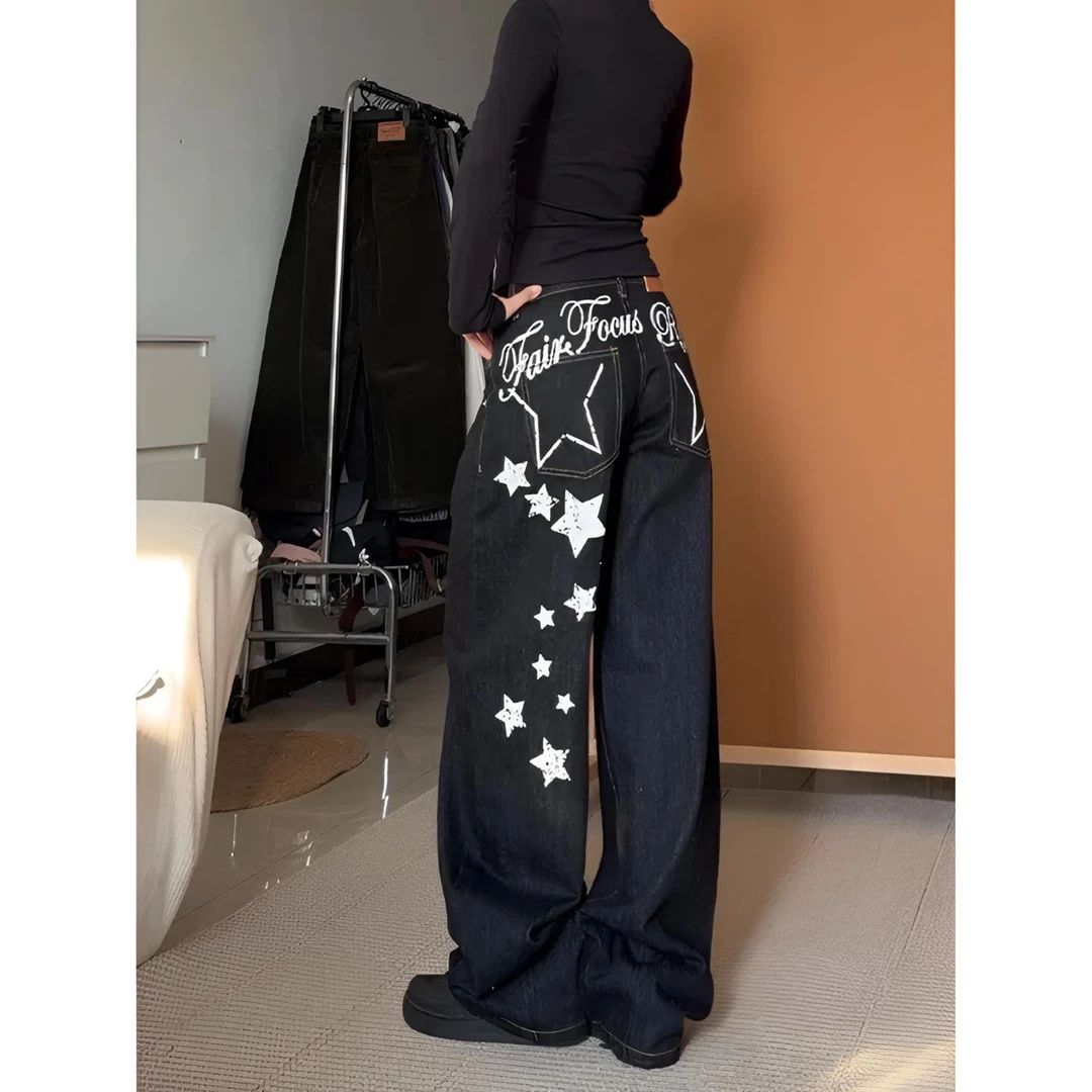 美式复古字母星星印花弯刀牛仔裤男女宽松阔腿高街百搭阔腿牛仔